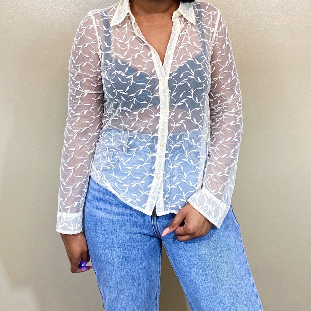 Vintage Sheer Printed Cream Blouse